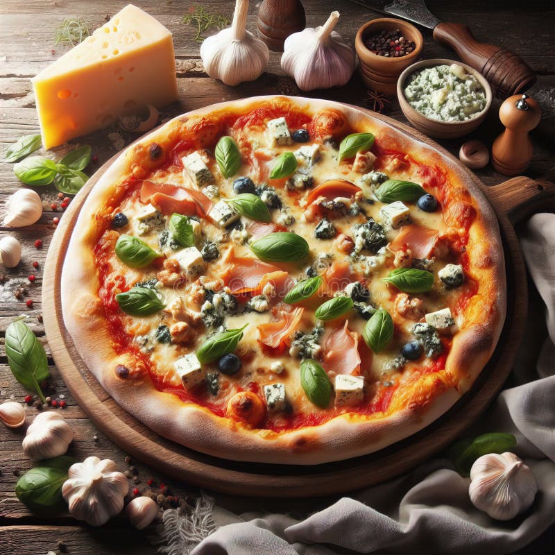 Eine köstliche italienische Salami Käse Pizza über einem Holzfeuer Pizza am Feuer schön dekoriert vier Käse Pizza vektor abbildung