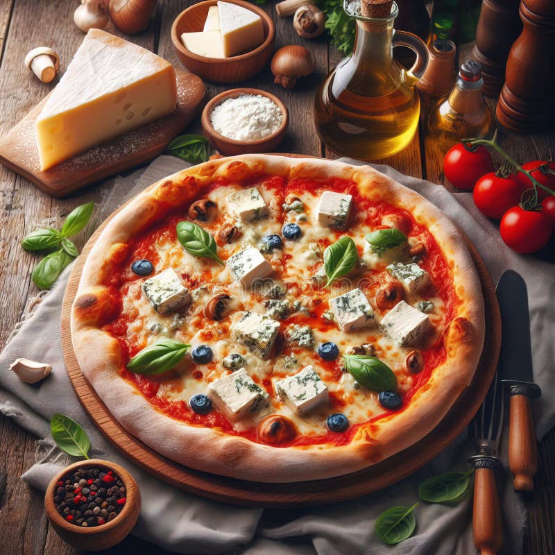 Eine köstliche italienische Salami Käse Pizza über einem Holzfeuer Pizza am Feuer schön dekoriert vier Käse Pizza vektor abbildung