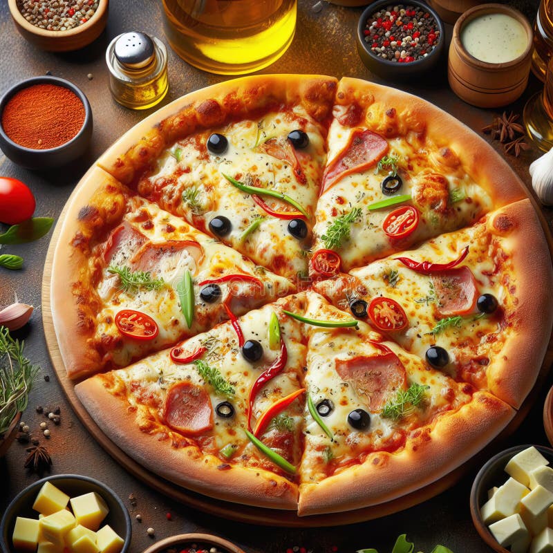 Eine köstliche italienische Salami Käse Pizza über einem Holzfeuer Pizza am Feuer schön dekoriert vier Käse Pizza lizenzfreie abbildung