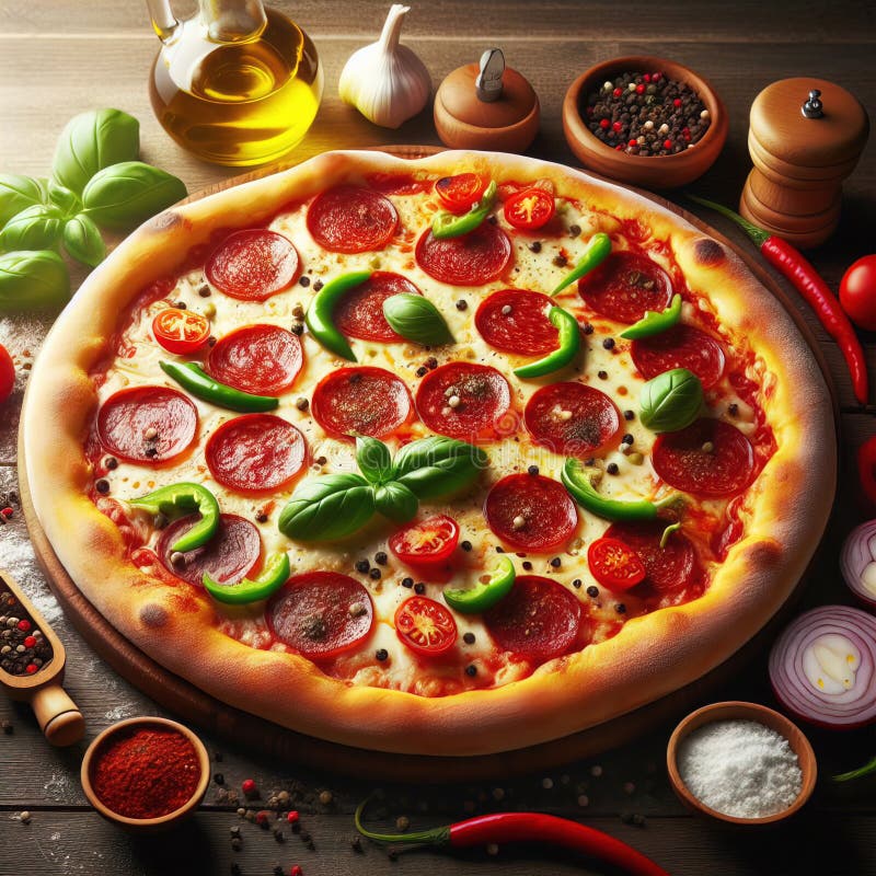 Eine köstliche italienische Salami Käse Pizza über einem Holzfeuer Pizza am Feuer schön dekoriert vier Käse Pizza lizenzfreie abbildung