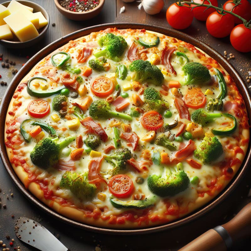 Eine köstliche italienische Salami Käse Pizza über einem Holzfeuer Pizza am Feuer schön dekoriert vier Käse Pizza stock abbildung