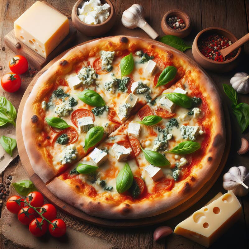 Eine köstliche italienische Salami Käse Pizza über einem Holzfeuer Pizza am Feuer schön dekoriert vier Käse Pizza stock abbildung