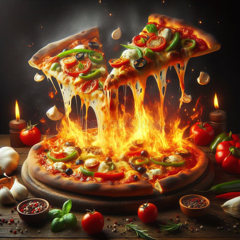 Eine köstliche italienische Salami Käse Pizza über einem Holzfeuer Pizza am Feuer schön dekoriert vier Käse Pizza vektor abbildung