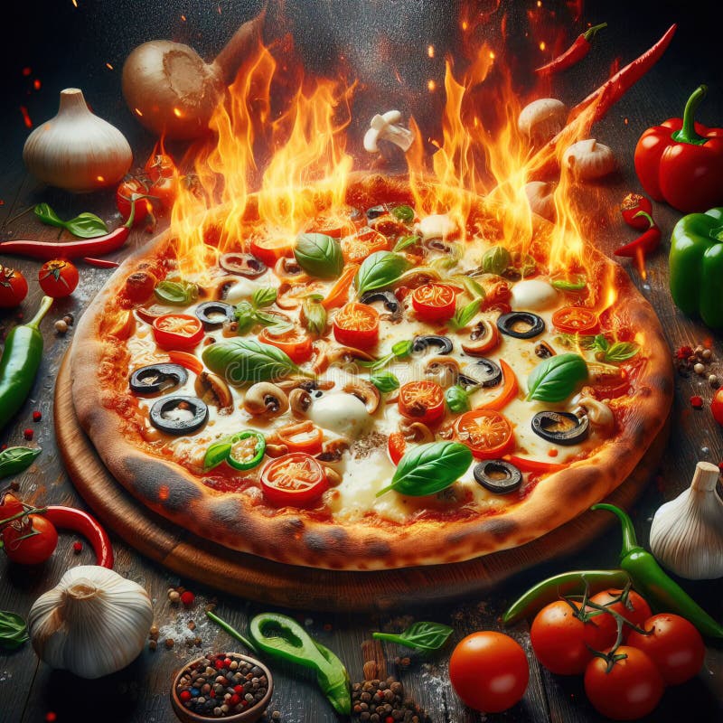 Eine köstliche italienische Salami Käse Pizza über einem Holzfeuer Pizza am Feuer schön dekoriert vier Käse Pizza stock abbildung