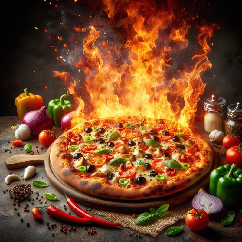 Eine köstliche italienische Salami Käse Pizza über einem Holzfeuer Pizza am Feuer schön dekoriert vier Käse Pizza vektor abbildung