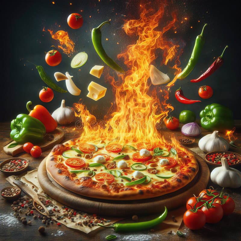 Eine köstliche italienische Salami Käse Pizza über einem Holzfeuer Pizza am Feuer schön dekoriert vier Käse Pizza stock abbildung
