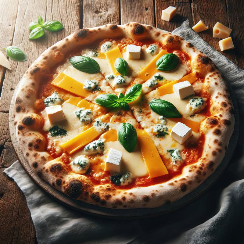 Eine köstliche italienische Salami Käse Pizza über einem Holzfeuer Pizza am Feuer schön dekoriert vier Käse Pizza vektor abbildung