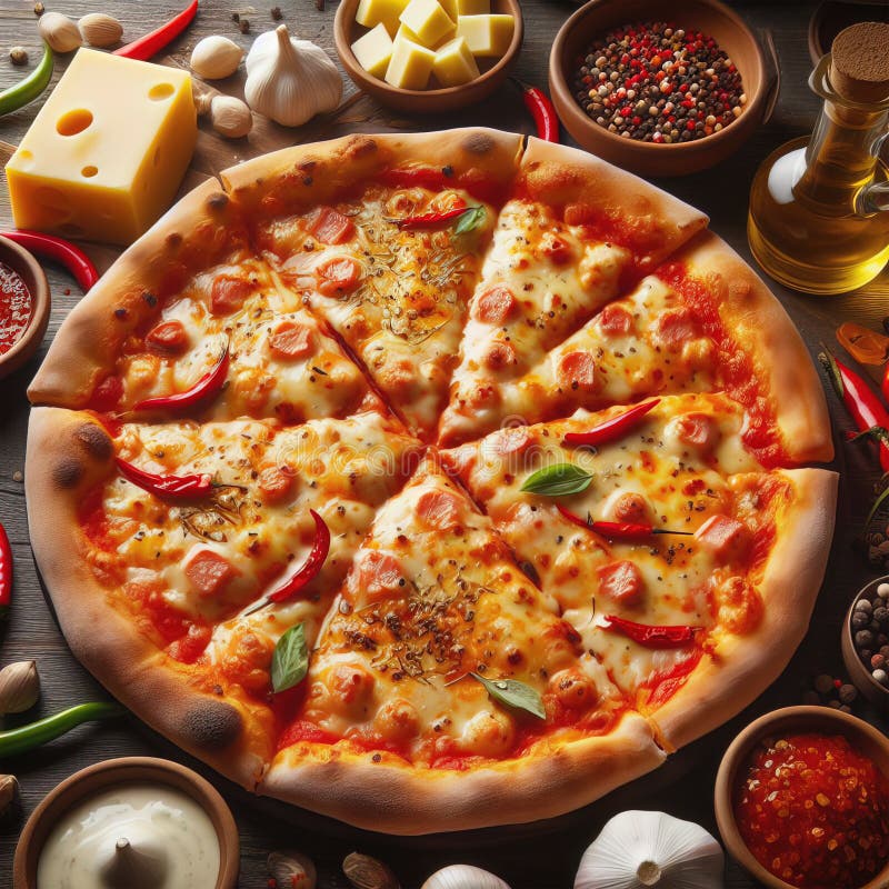 Eine köstliche italienische Salami Käse Pizza über einem Holzfeuer Pizza am Feuer schön dekoriert vier Käse Pizza lizenzfreie abbildung