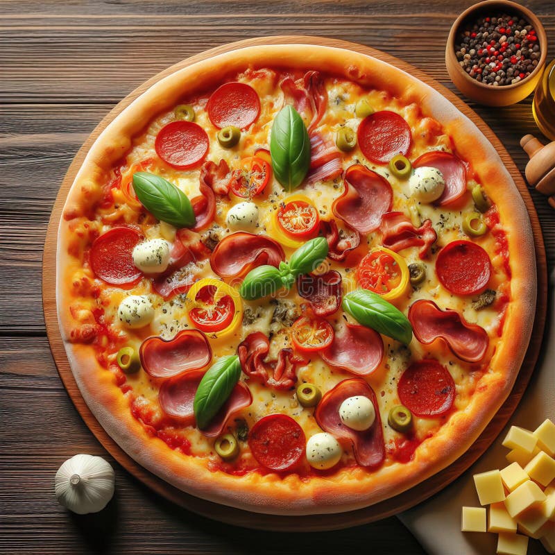 Eine köstliche italienische Salami Käse Pizza über einem Holzfeuer Pizza am Feuer schön dekoriert vier Käse Pizza vektor abbildung