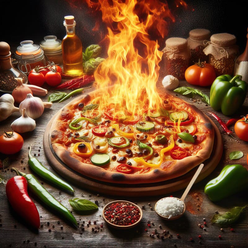 Eine köstliche italienische Salami Käse Pizza über einem Holzfeuer Pizza am Feuer schön dekoriert vier Käse Pizza stock abbildung