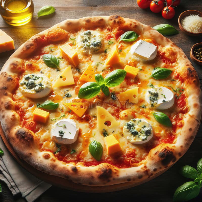 Eine köstliche italienische Salami Käse Pizza über einem Holzfeuer Pizza am Feuer schön dekoriert vier Käse Pizza lizenzfreie abbildung