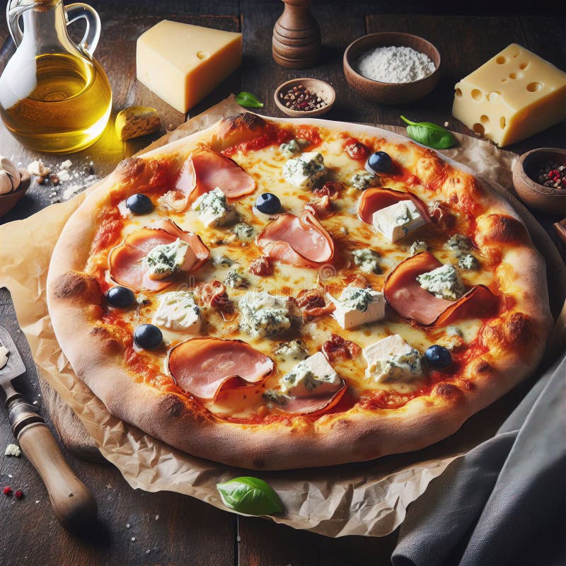 Eine köstliche italienische Salami Käse Pizza über einem Holzfeuer Pizza am Feuer schön dekoriert vier Käse Pizza stock abbildung