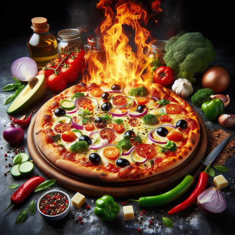 Eine köstliche italienische Salami Käse Pizza über einem Holzfeuer Pizza am Feuer schön dekoriert vier Käse Pizza stock abbildung