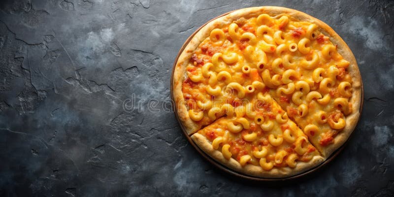 Eine köstliche Makkaroni und Käse Pizza geschnitten und bereit, auf einem dunklen Hintergrund zu genießen. Generative AI lizenzfreie abbildung
