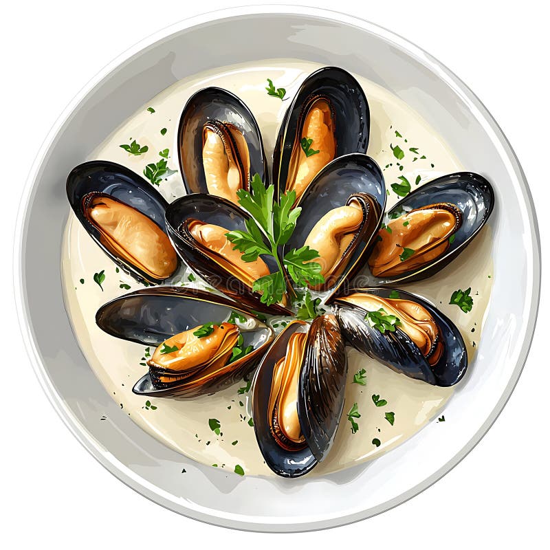 Eine köstliche Muschelplatte in einer cremigen Sauce serviert und mit frischen Petersilie geschmückt vektor abbildung
