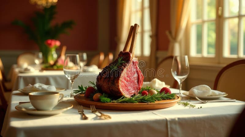 Eine köstliche Rippenbrasse, sorgfältig zubereitet und mit frischen Kräuter und Beeren geschmückt, elegant auf einem Holzboden prä lizenzfreie abbildung