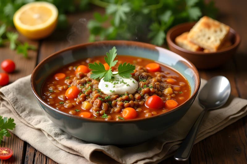 Eine köstliche Schüssel herzhafter Linsensuppe mit frischem Gemüse und sauer Sahne stock abbildung