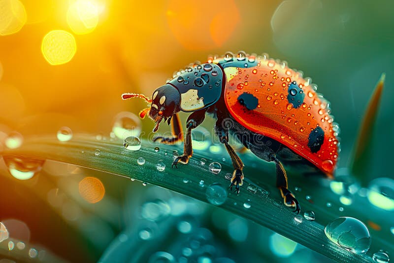 Eine Ladybude sitzt auf einem Blatt mit Wassertröpfchen stockfoto