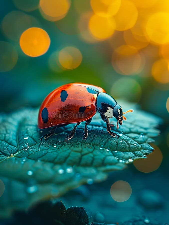Eine Ladybug auf einem Blatt mit Wassertropfen. ai generiert