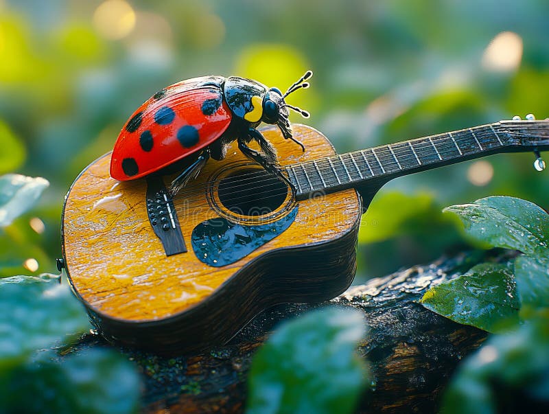 Eine Ladybug, die auf einer akustischen Gitarre auf einem Baumzweig sitzt stockbild