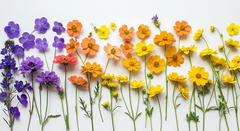 Eine lebendige Anordnung verschiedener farbenfroher Blumen liegt auf weißem Hintergrund. Th lizenzfreie abbildung