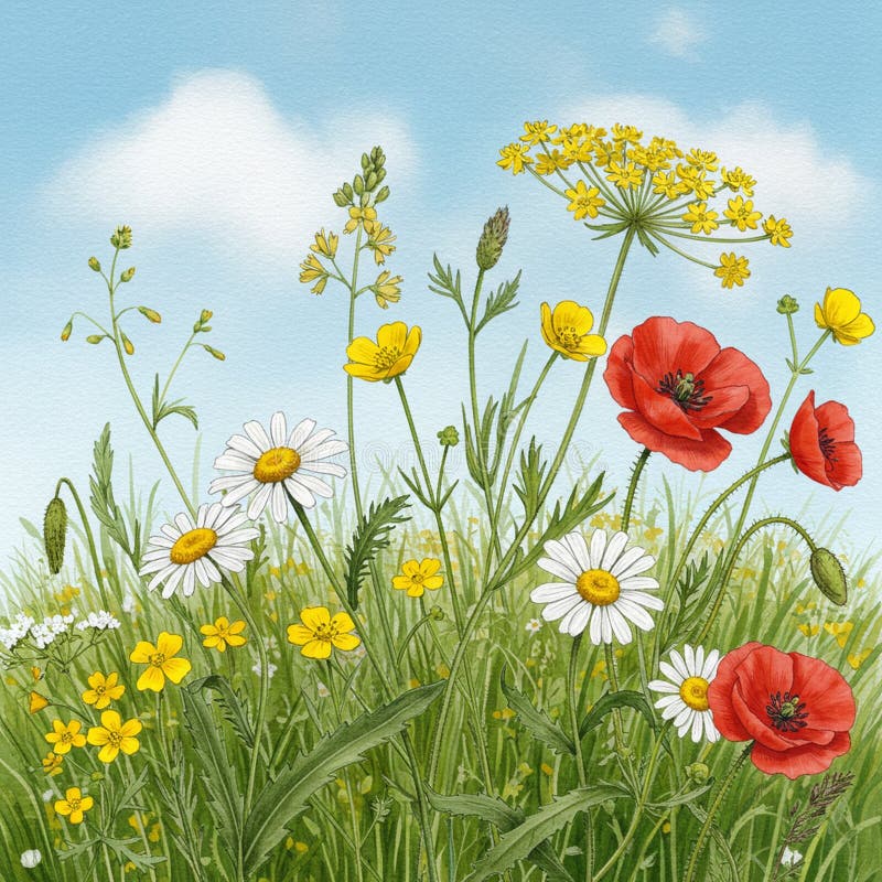 Eine lebendige botanische Illustration zeigt eine Wiese mit verschiedenen Wildblumen. Rot stock abbildung