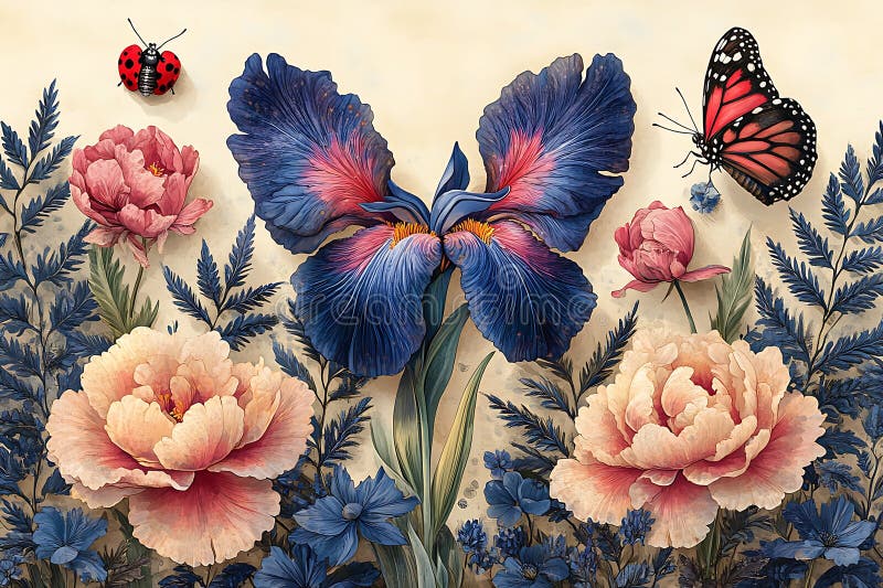 Eine lebendige botanische Illustration zeigt eine große blaue und rosa Irisblume im Zentrum stock abbildung