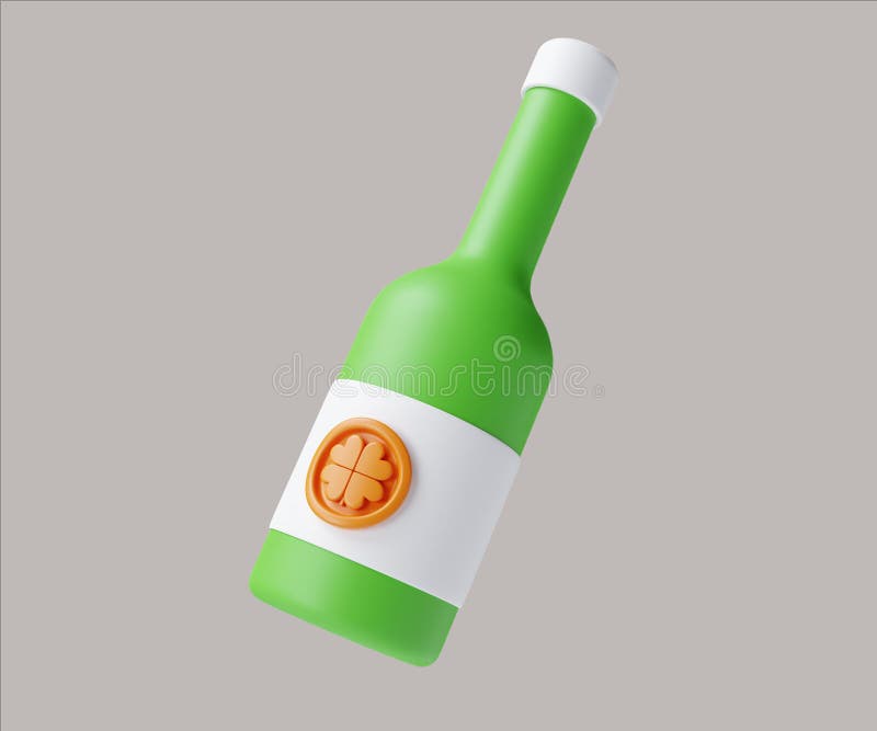 Eine lebendige grüne Flasche mit einem Kleeblatt-Design 3D-Darstellung. stock abbildung
