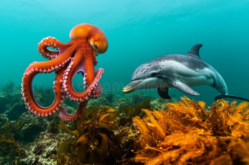 Eine lebendige Szene eines Oktopus, der mit einem Delphin interagiert. farbenfrohe Unterwasserwelt floriert in diesem dynamischen. Dieses faszinierende Bild zeichnet sich durch einen Oktopus und einen Delphin aus, der einen gemeinsamen Moment einnimmt. Er unterstreicht den Reichtum des Meereslebens und die Harmonie unter Wasser. generative Hilfe
