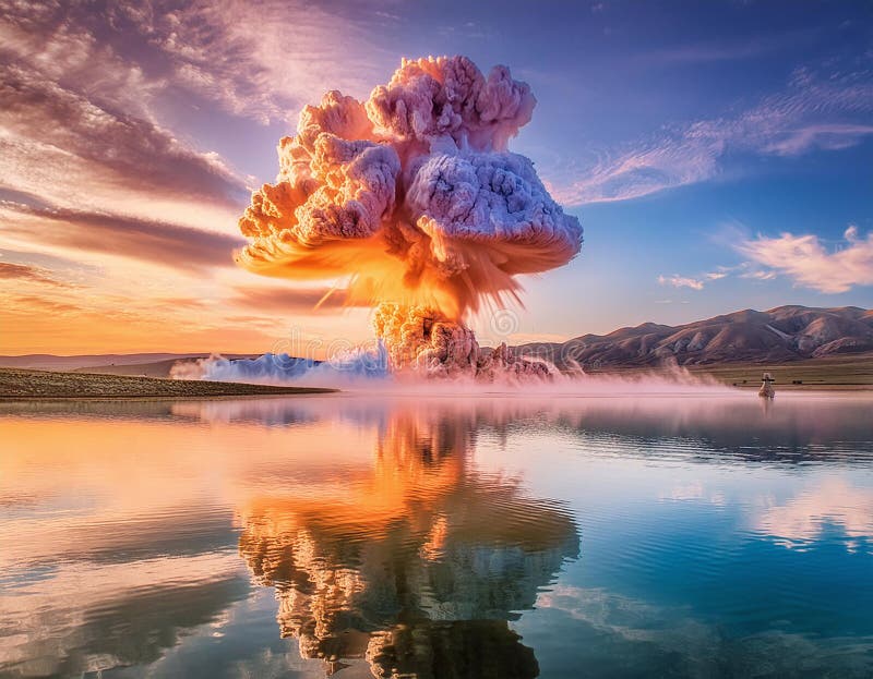 Eine lebhafte Explosion, die einer Pilzwolke ähnelt, entfaltet sich bei Sonnenuntergang über ruhigen Gewässern stock abbildung