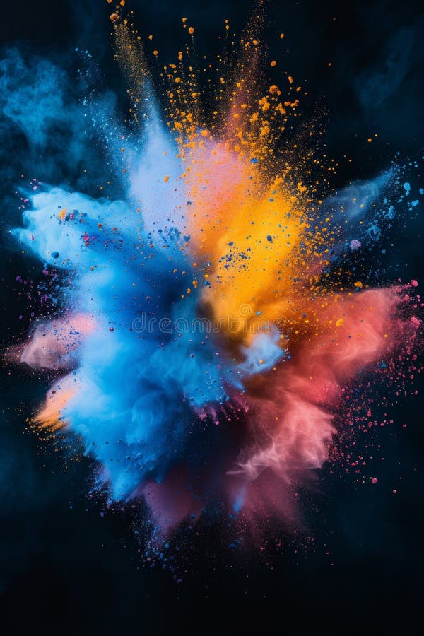 Eine lebhafte Explosion farbigen Pulvers gegen schwarze Kulissen. Dynamik und Lebendigkeit einer Pulverexplosion lizenzfreie abbildung