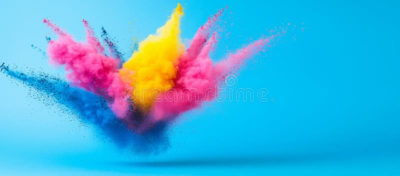 Eine lebhafte Explosion von farbigem Pulver und eine blendende Holi-Regenbogenspritze, die das Hindu-Farbfestival kennzeichnet lizenzfreie abbildung