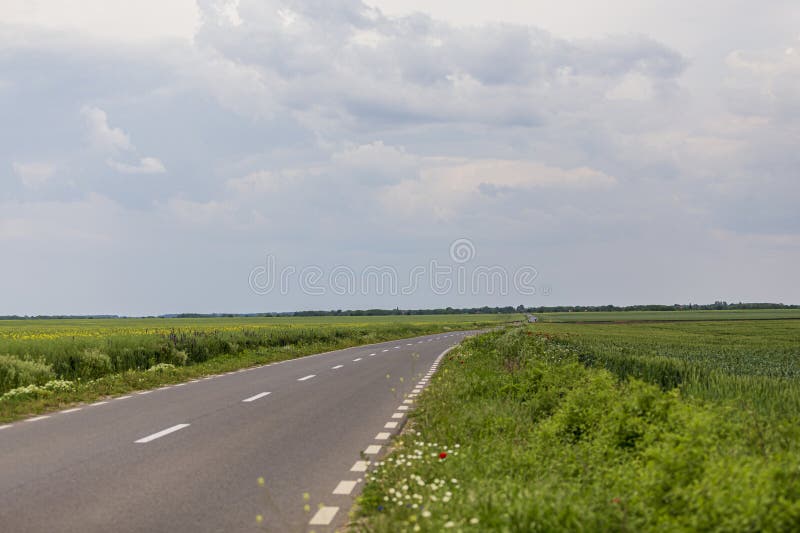 Eine leere Landstraße mit Getreidefeldern auf beiden Seiten lizenzfreie stockfotos