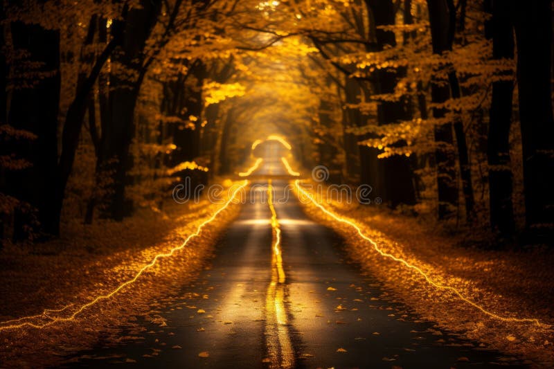 Eine leere Straße mitten in einem Herbstwald. Eine leere Straße inmitten einer Herbstwald generativen ai