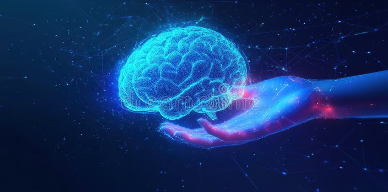 Eine leuchtend blaue digitale Hand, die ein drahtgebundenes Gehirn vor dunkelblauem Hintergrund mit leuchtenden Linien hält lizenzfreie abbildung