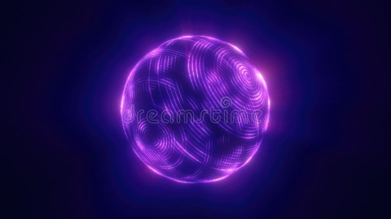 Eine leuchtende violette Kugel mit komplizierten neonartigen Mustern, die in einem dunklen Hintergrund schwebt, der futuristisch ä stock abbildung