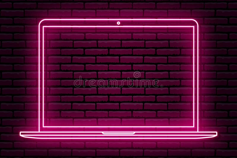 Eine Leuchtreklame in Form eines Notebooks Rosa Farbe Vor dem Hintergrund einer Ziegelmauer mit einem Schatten stock abbildung