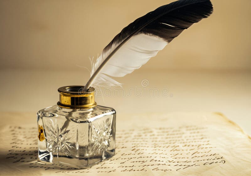 Eine majestätische Federquill ruht in einer farbigen Glasflasche vektor abbildung