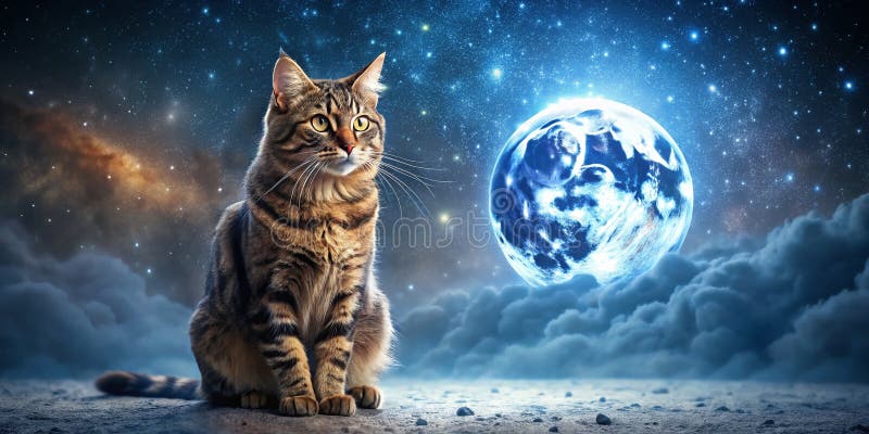 Eine majestätische getigerte Katze, verloren in der bezaubernden Schönheit eines mondbeschienenen Nachthimmels – Ein fesselndes St lizenzfreie abbildung