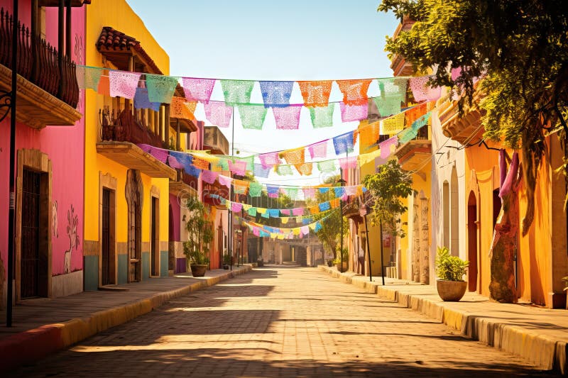 A picturesque street adorned with multi-colored paper banners, old buildings, and cobblestones, radiating a festive charm. A picturesque street adorned with multi-colored paper banners, old buildings, and cobblestones, radiating a festive charm