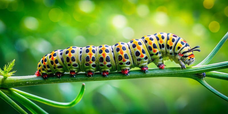 Eine markante Nahaufnahme einer Hummingbird Moth Caterpillar auf einer Pflanzenstaube, die die komplizierten Details eines stock abbildung