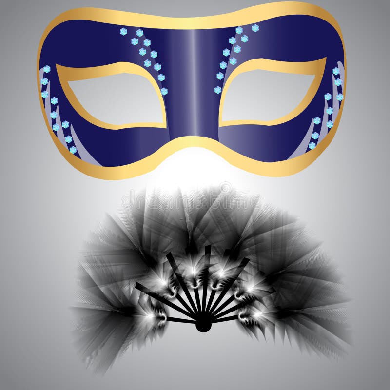 Eine Maske und ein Fan gemacht von den flaumigen Federn für Karneval oder masquer lizenzfreie abbildung
