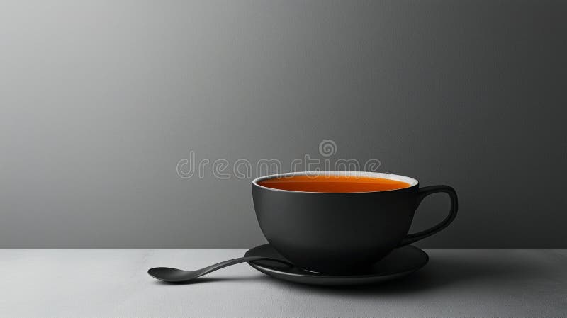 Eine matte schwarze Keramiktasse mit Tee sitzt auf einer passenden Untertasse stock abbildung