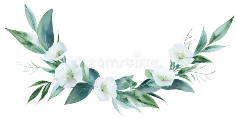 Eine minimalistische Aquarellbild von Eukalyptusblättern und weißen Eustoma-Blumen, die in einem kleinen Halbmond zart angeordnet lizenzfreie abbildung