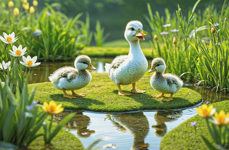 Eine Mutterente und ihre drei Entenlinge stehen auf einer grasbewachsenen Insel in einem Teich. die Insel ist von Wasser und Blume lizenzfreie abbildung
