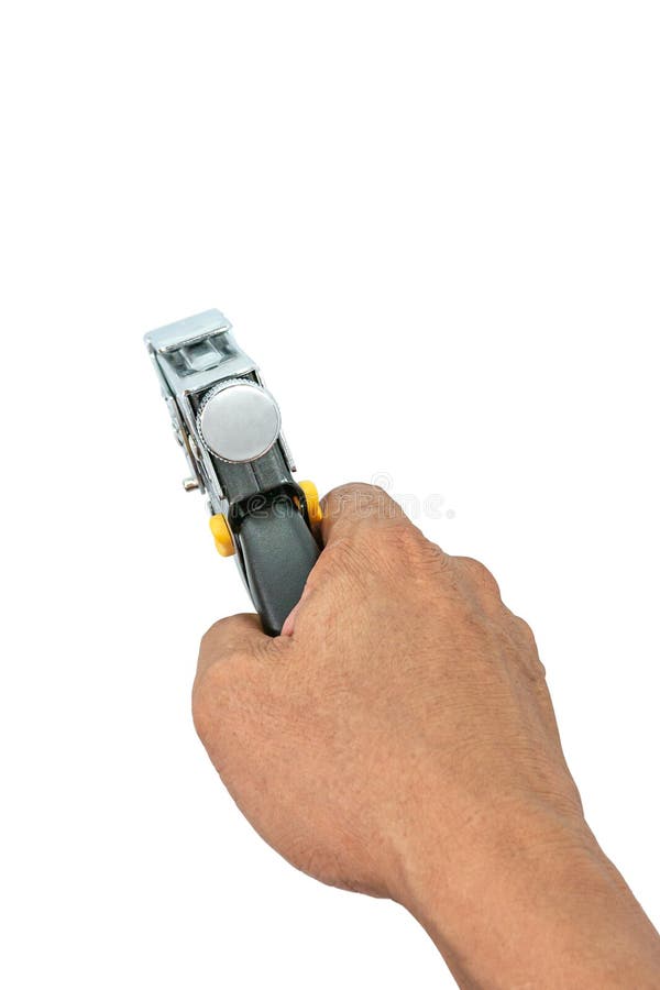 Eine männliche Hand hält einen Bauhefter auf einem weißen Hintergrund lizenzfreies stockfoto