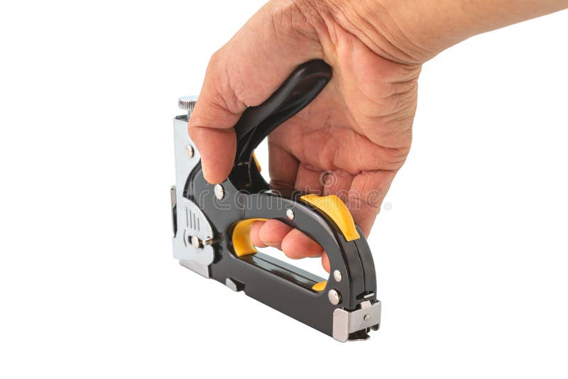 Eine männliche Hand hält einen Bauhefter auf einem weißen Hintergrund stockbild
