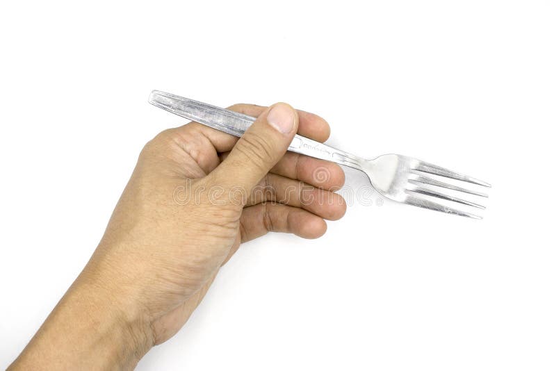 Eine männliche Handholdinggabel, Mannhand lokalisiert auf weißem Hintergrund stockfotos Eine männliche Handholdinggabel, Mannhand lokalisiert auf weißem Hintergrund stockfotos