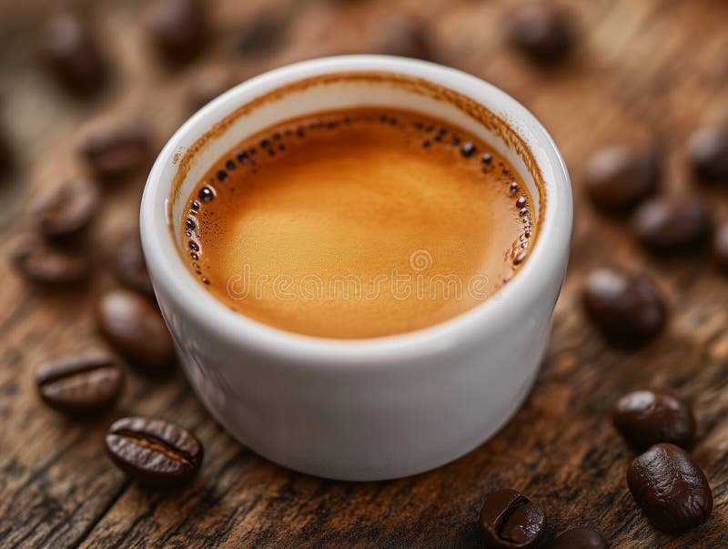 Eine Nahaufnahme eines frisch gebrühten Espresso in einer kleinen weißen Tasse lizenzfreie abbildung