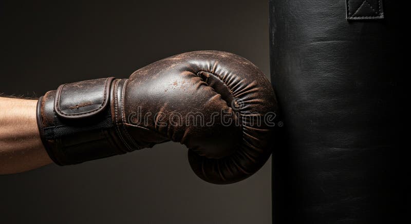 Eine Nahe eines Boxhandschuhs, der eine schwarze Stanztasche auffällt. Der Handschuh besteht aus stock abbildung